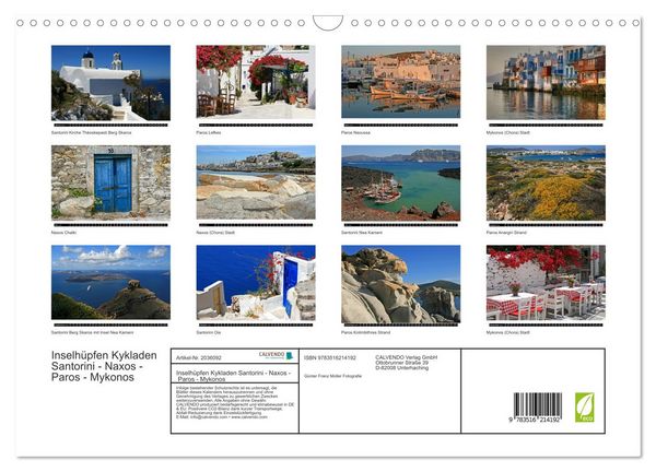 Produktbild: Inselh&uuml;pfen Kykladen Santorini - Naxos - Paros - Mykonos (Wandkalender 2026 DIN A3 quer), CALVENDO Monatskalender
