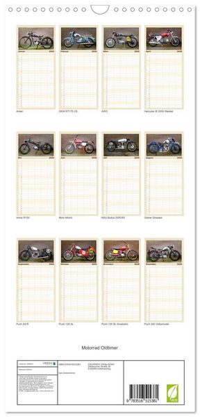 Produktbild: Familienplaner 2026 - Motorrad Oldtimer mit 5 Spalten (Wandkalender, 21 x 45 cm) CALVENDO