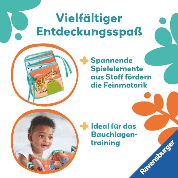 Produktbild: Ravensburger 4856 - play+ Mein allererstes Stoffbuch, für die Bauchlage: Wilde Tiere (Leporello)