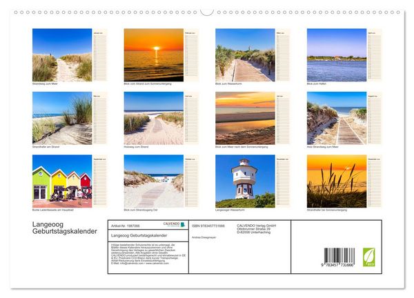 Produktbild: Langeoog Geburtstagskalender (hochwertiger Premium Wandkalender 2026 DIN A2 quer), Kunstdruck in Hochglanz