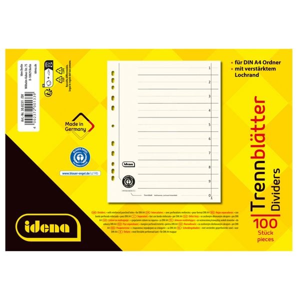Produktbild: Idena Trennbl&auml;tter aus Karton 190 g/m&sup2; DIN A4 100 St&uuml;ck