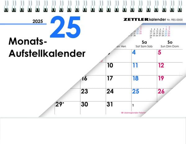 Monats-Aufstellkalender 2025 - 20x15 cm - 1 Monat auf 1 Seite - 4-sprachiges Kalendarium - inkl. Jahresübersicht - Monat