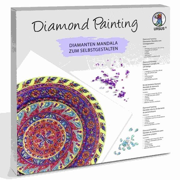 URSUS Erwachsenen Bastelsets Diamond Painting Diamanten Mandala, gelb/lila/pink (Set 4)