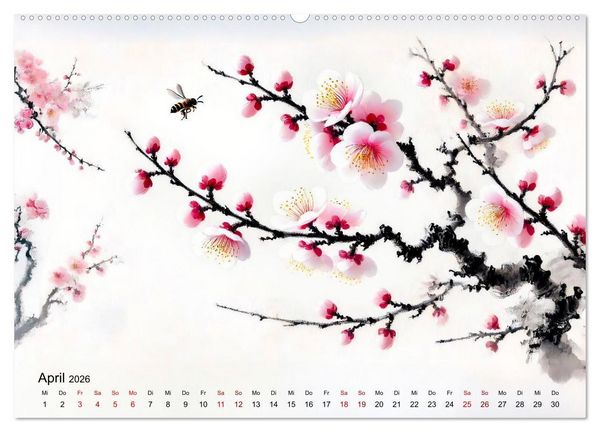 Produktbild: Bl&uuml;tentanz und Fl&uuml;gelschlag - Im Stile chinesischer Tuschmalerei (hochwertiger Premium Wandkalender 2026 DIN A2 quer), Kunstdruck in Hochglanz