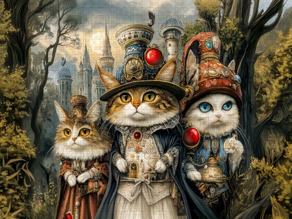 Produktbild: CALVENDO Puzzle Drei Katzen in der Steampunkwelt | 1000 Teile Lege-Gr&ouml;&szlig;e 64x48cm Foto-Puzzle f&uuml;r gl&uuml;ckliche Stunden