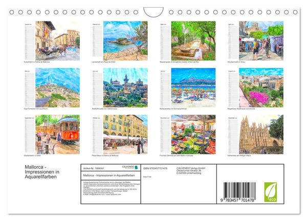 Produktbild: Mallorca - Impressionen in Aquarellfarben (Wandkalender 2026 DIN A4 quer), CALVENDO Monatskalender