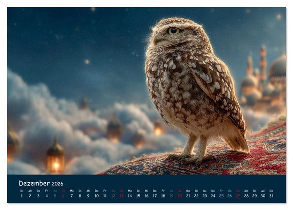 Produktbild: Tierisch hoch hinaus - Fantastische Tiere auf fliegenden Teppichen (Tischkalender 2026 DIN A5 quer), CALVENDO Monatskalender