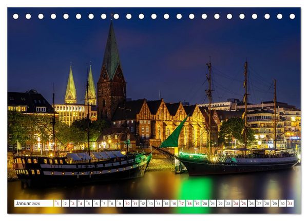 Produktbild: Bremen und Bremerhaven - Nachtaufnahmen (Tischkalender 2026 DIN A5 quer), CALVENDO Monatskalender