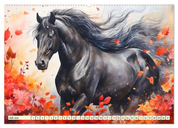 Produktbild: Pferde. Romantische Aquarelle von schwarzen Sch&ouml;nheiten (hochwertiger Premium Wandkalender 2026 DIN A2 quer), Kunstdruck in Hochglanz