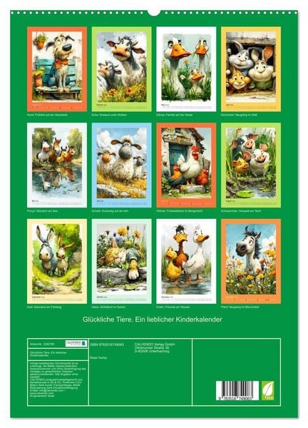 Produktbild: Gl&uuml;ckliche Tiere. Ein lieblicher Kinderkalender (hochwertiger Premium Wandkalender 2026 DIN A2 hoch), Kunstdruck in Hochglanz