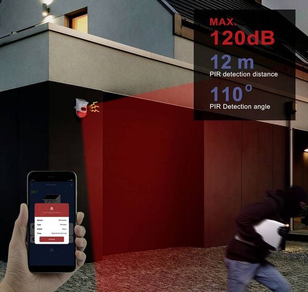 Produktbild: Sygonix Mini-Alarmanlage Wei&szlig;, Rot mit LED, mit Bewegungsmelder, mit Fernbedienung, mit Solar, mit WLAN 120 dB SY-6515320