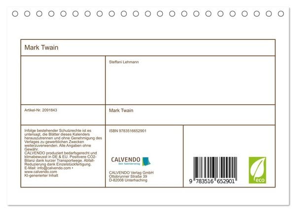 Produktbild: Mark Twain (Tischkalender 2026 DIN A5 quer), CALVENDO Monatskalender