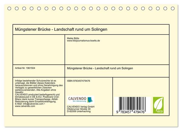 Produktbild: M&uuml;ngstener Br&uuml;cke - Landschaft rund um Solingen (Tischkalender 2026 DIN A5 quer), CALVENDO Monatskalender