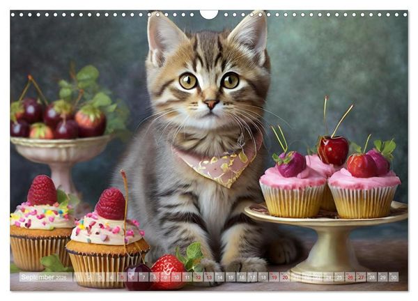 Produktbild: S&uuml;&szlig;e Naschkatzen - Pelzige Leckerm&auml;ulchen zwischen s&uuml;&szlig;en Desserts und Torten (Wandkalender 2026 DIN A3 quer), CALVENDO Monatskalender