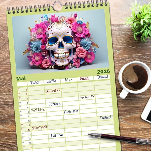Produktbild: Familienplaner 2026 - Skull Flower - Totenkopf ART mit 5 Spalten (Wandkalender, 21 x 45 cm) CALVENDO