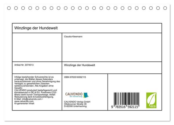Produktbild: Winzlinge der Hundewelt (Tischkalender 2026 DIN A5 quer), CALVENDO Monatskalender
