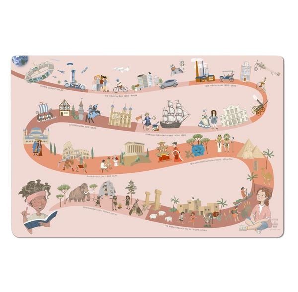 Produktbild: Scriptum Schreibtischunterlage f&uuml;r Kinder Zeitreise durch die Weltgeschichte in rosa, - 60 x 40 cm. aus premium Vinyl