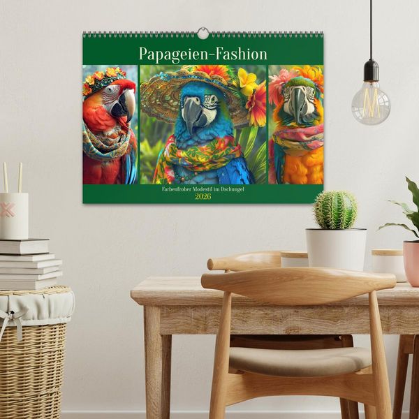 Produktbild: Papageien-Fashion. Farbenfroher Modestil im Dschungel (Wandkalender 2026 DIN A3 quer), CALVENDO Monatskalender