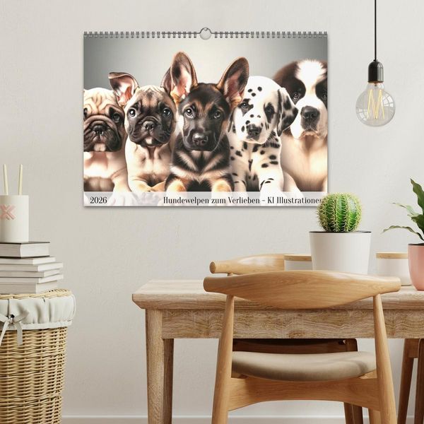 Produktbild: Hundewelpen zum Verlieben - KI Illustrationen (Wandkalender 2026 DIN A3 quer), CALVENDO Monatskalender