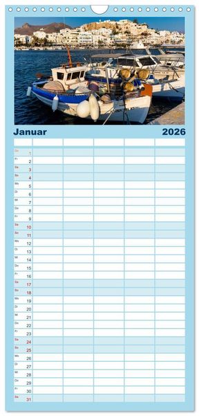 Produktbild: Familienplaner 2026 - Die Insel Naxos - Ein Traum in blau und wei&szlig; mit 5 Spalten (Wandkalender, 21 x 45 cm) CALVENDO