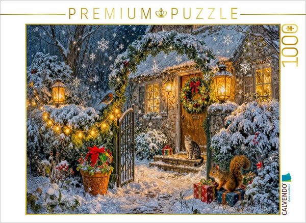 CALVENDO Puzzle Weihnachts Cottage mit Tieren an geschmückter Gartenpforte | 1000 Teile Lege-Größe 64x48cm Foto-Puzzle für glückliche Stunden