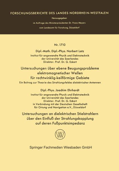 Produktbild: Untersuchungen &uuml;ber ebene Beugungsprobleme elektromagnetischer Wellen f&uuml;r rechtwinklig-keilf&ouml;rmige Gebiete. Untersuchungen an dielektrischen Stielstra