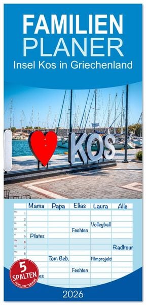 Produktbild: Familienplaner 2026 - Insel Kos in Griechenland mit 5 Spalten (Wandkalender, 21 x 45 cm) CALVENDO