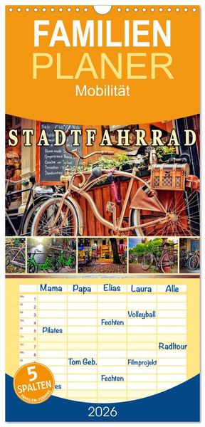 Produktbild: Familienplaner 2026 - Stadtfahrrad mit 5 Spalten (Wandkalender, 21 x 45 cm) CALVENDO