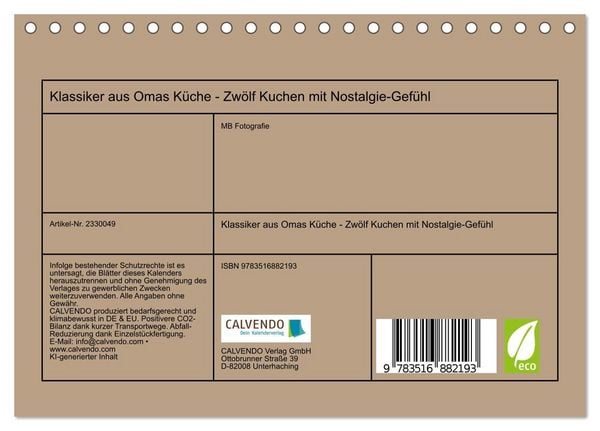 Produktbild: Klassiker aus Omas K&uuml;che - Zw&ouml;lf Kuchen mit Nostalgie-Gef&uuml;hl (Tischkalender 2027 DIN A5 quer), CALVENDO Monatskalender