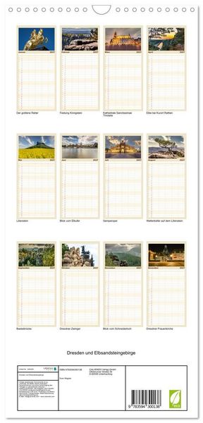 Produktbild: Familienplaner 2027 - Dresden und Elbsandsteingebirge mit 5 Spalten (Wandkalender, 21 x 45 cm) CALVENDO