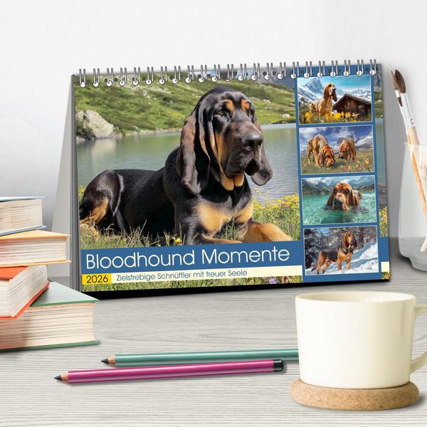 Produktbild: Bloodhound Momente. Zielstrebige Schn&uuml;ffler mit treuer Seele (Tischkalender 2026 DIN A5 quer), CALVENDO Monatskalender