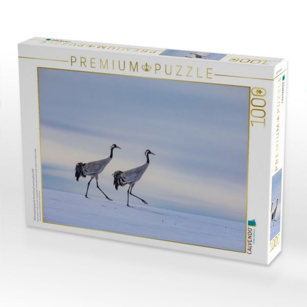 Produktbild: CALVENDO Puzzle Winterspaziergang der Kraniche auf verschneitem Feld | 1000 Teile Lege-Gr&ouml;&szlig;e 64x48cm Foto-Puzzle f&uuml;r gl&uuml;ckliche Stunden