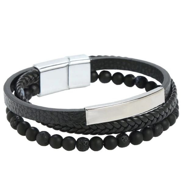 Herren Armband 3 Strang, Lavasteinperlen, Leder mit Magnetverschluss, schwarz, 21x2cm