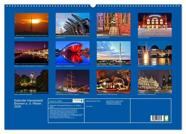 Produktbild: Kalender Hansestadt Bremen a. d. Weser, 2026 (Wandkalender 2026 DIN A2 quer), CALVENDO Monatskalender