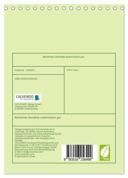 Produktbild: Ber&uuml;hmte Gem&auml;lde au&szlig;erirdisch gut (Tischkalender 2026 DIN A5 hoch), CALVENDO Monatskalender