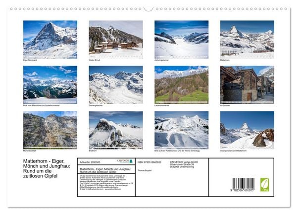 Produktbild: Matterhorn - Eiger, M&ouml;nch und Jungfrau: Rund um die zeitlosen Gipfel (hochwertiger Premium Wandkalender 2026 DIN A2 quer), Kunstdruck in Hochglanz