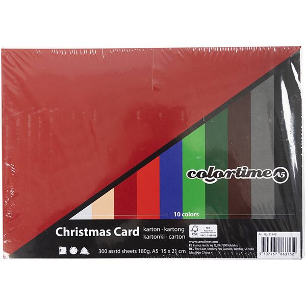 Produktbild: Creativ Company Weihnachts-Karton, A5, Blatt 148x210 mm, 180 g, 180 g, sortierte Farben, 300 Blatt sortiert
