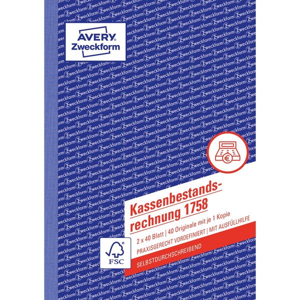Produktbild: AVERY Zweckform Kassenbestandsrechnung selbstdurchschreibend DIN A5 80 Blatt