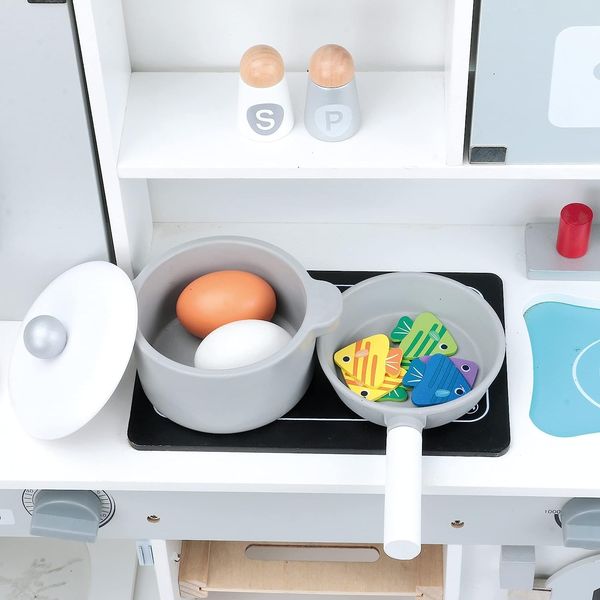 Bino 83737 - Kinderküche mit Waschmaschine und Zubehör, Spielküche, weiß-grau, Holz, 12-teilig, Höhe: 69 cm