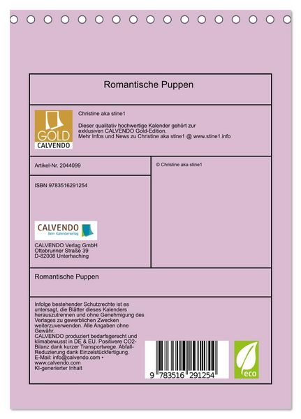 Produktbild: Romantische Puppen (Tischkalender 2026 DIN A5 hoch), CALVENDO Monatskalender