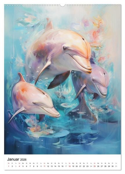 Produktbild: Zauberhafte Delfine. Aquarelle von Spiel und Spa&szlig; in den Wellen (hochwertiger Premium Wandkalender 2026 DIN A2 hoch), Kunstdruck in Hochglanz