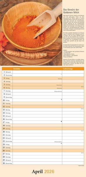 Kräuter & Gewürze 2026 - Streifenkalender 22x45 cm - mit Extraspalte für Geburtstage - Küchentipps und Mondphasen - Wandkalender - Terminplaner