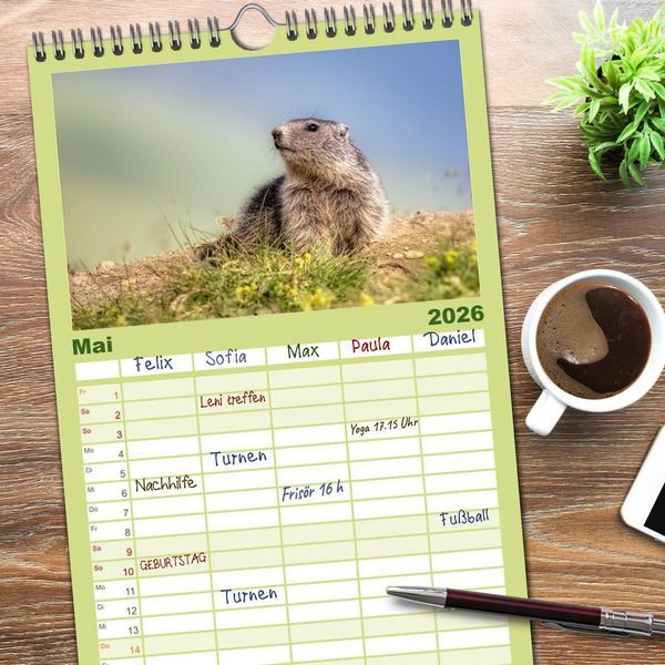 Produktbild: Familienplaner 2026 - Tiere der Alpen - Murmeltier-Kinder mit 5 Spalten (Wandkalender, 21 x 45 cm) CALVENDO