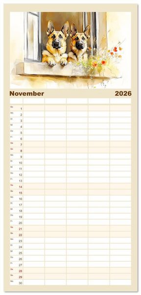 Produktbild: Familienplaner 2026 - Deutsche Sch&auml;ferhunde. Majest&auml;tische W&auml;chter im Aquarell-Stil mit 5 Spalten (Wandkalender, 21 x 45 cm) CALVENDO