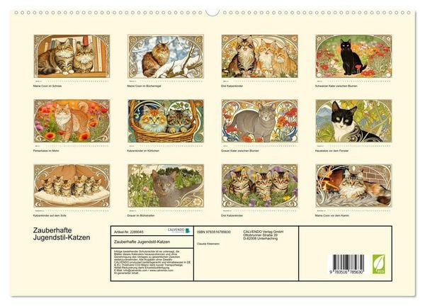 Produktbild: Zauberhafte Jugendstil-Katzen (hochwertiger Premium Wandkalender 2027 DIN A2 quer), Kunstdruck in Hochglanz