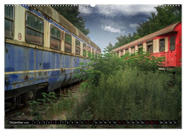 Produktbild: Lokomotiven und Wagen - Verfallen und vergessen auf dem Abstellgleis (hochwertiger Premium Wandkalender 2026 DIN A2 quer), Kunstdruck in Hochglanz