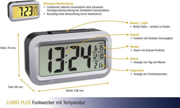 Produktbild: TFA Dostmann 60.2553.01 Funk Wecker Schwarz, Silber Alarmzeiten 1
