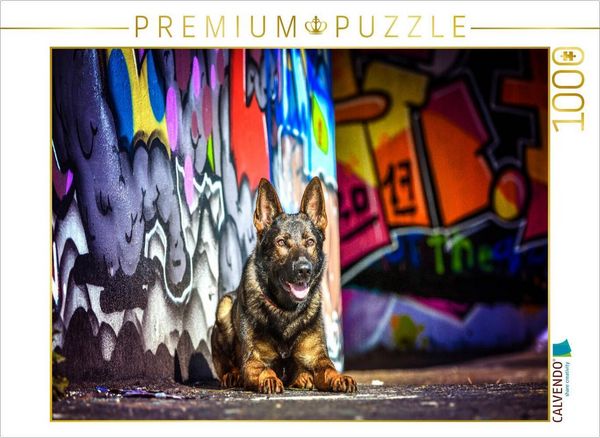 CALVENDO Puzzle Deutscher Schäferhund liegt an einer Graffitiwand | 1000 Teile Lege-Größe 64x48cm Foto-Puzzle für glückliche Stunden
