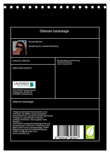 Produktbild: Gitarren backstage (Tischkalender 2026 DIN A5 hoch), CALVENDO Monatskalender