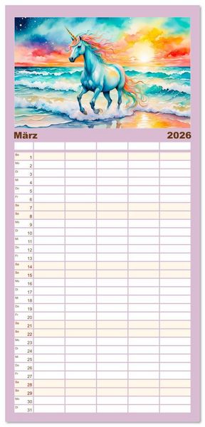 Produktbild: Familienplaner 2026 - Magische Einh&ouml;rner - Traumlandschaften unterm Regenbogen mit 5 Spalten (Wandkalender, 21 x 45 cm) CALVENDO